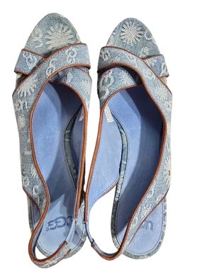 UGG Light Blue Denim Canvas Printed Slingback Wedge Sandals 9